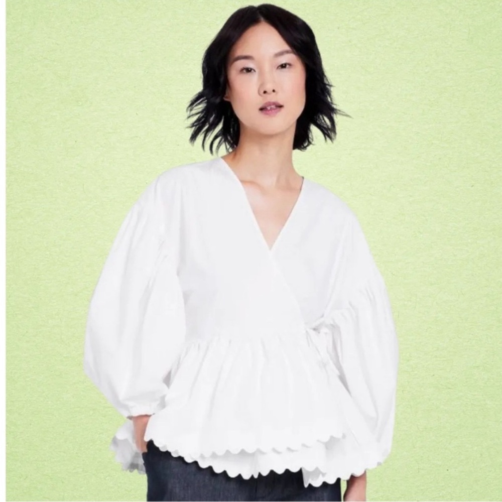 Kika Vargas white wrap, puff-sleeve blouse